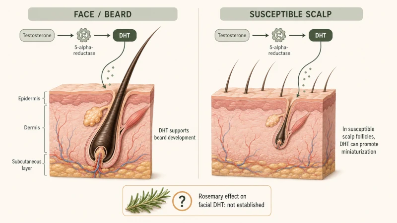 Diagram comparing the role of DHT in beard follicles with hair miniaturization on a genetically susceptible scalp