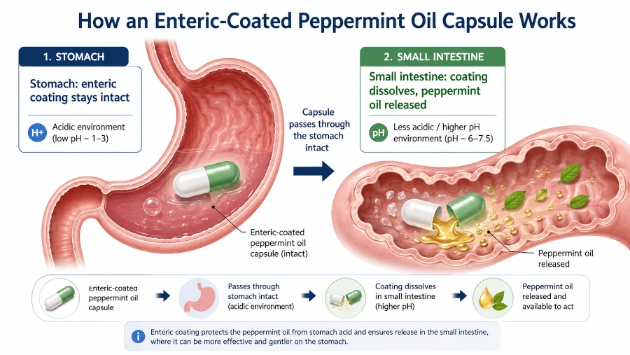 Diagram of an enteric-coated peppermint oil capsule dissolving in the intestine, not the stomach.