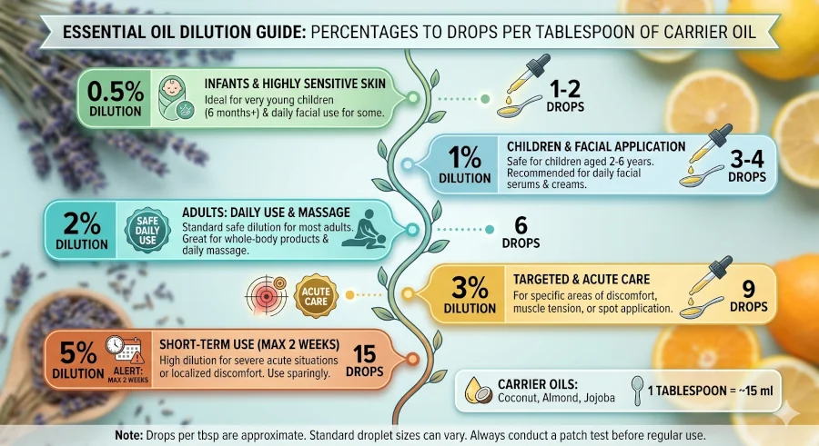 Infographic showing essential oil dilution percentages from 0.5 percent to 5 percent with corresponding drops per tablespoon of carrier oil.