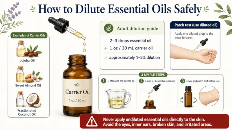 Infographic showing how to dilute essential oils with carrier oil at a two-to-three-drops-per-ounce ratio.