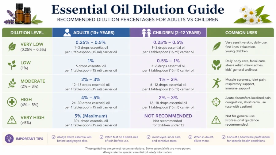 Chart showing recommended essential oil dilution percentages for adults versus children