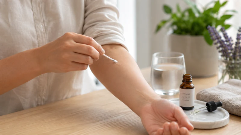 Person applying a small patch test of diluted essential oil to the inner forearm.