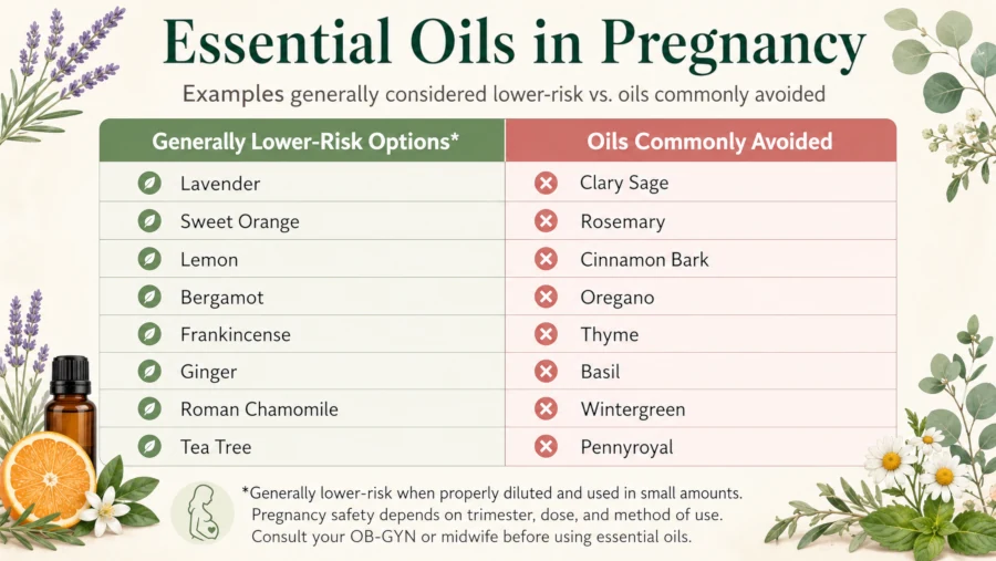 Table listing essential oils generally considered lower-risk versus oils to avoid during pregnancy