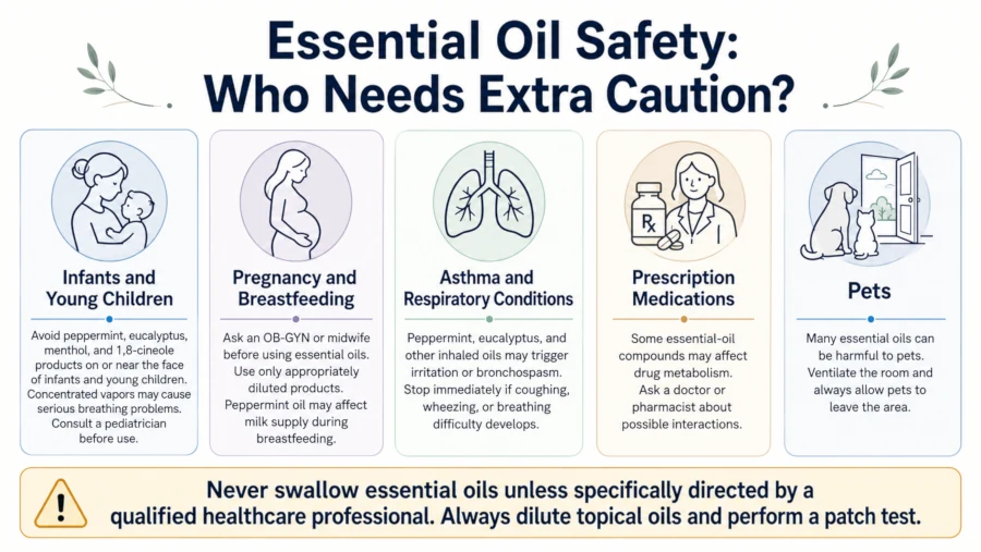 Essential oils for fever safety infographic listing precautions for children, pregnancy, asthma, medications, and pets.