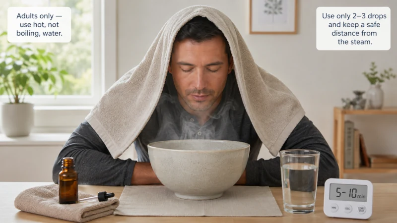 An adult safely leaning over a bowl of hot water with a towel over the head for eucalyptus steam inhalation.