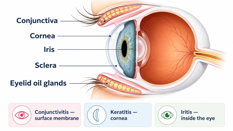 Cross-section of the eye showing the conjunctiva, cornea, iris, sclera and eyelid oil glands