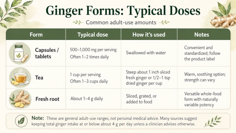 Table comparing ginger capsule, tea, and fresh root forms with typical doses.