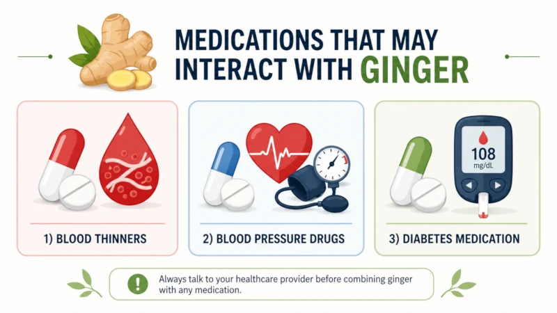 Icons showing medications that may interact with ginger: blood thinners, blood pressure drugs, diabetes medication.