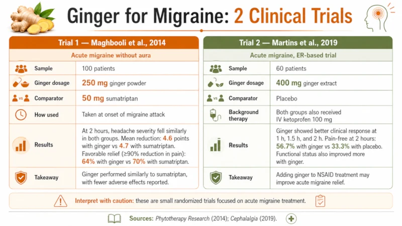 Comparison chart of two ginger migraine clinical trials: dosage, comparator, and results.