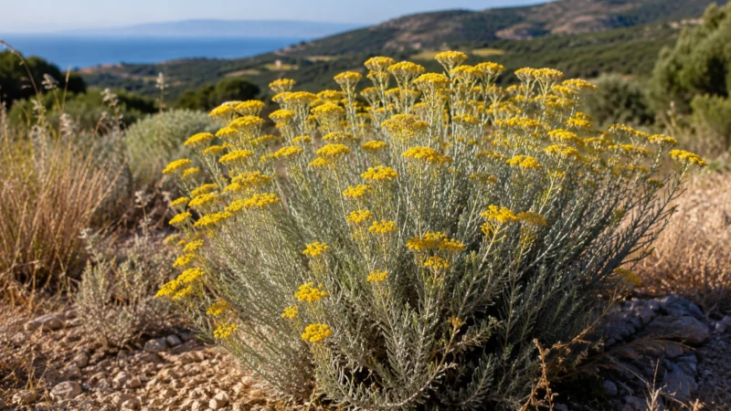 Yellow-flowered Helichrysum italicum plant growing in a Mediterranean field.