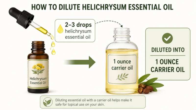 Diagram showing 2 to 3 drops of helichrysum essential oil diluted into 1 ounce of carrier oil.