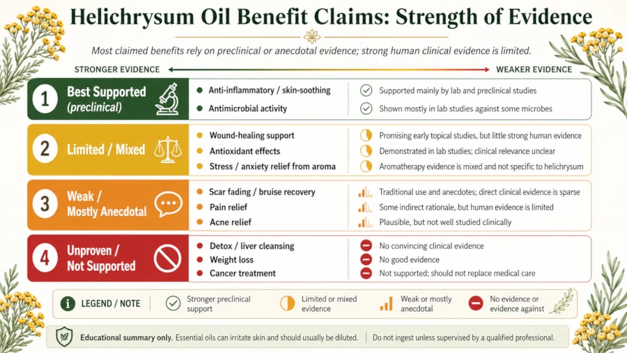 Chart grading benefits of helichrysum oil claims by strength of evidence, from well-supported to unproven.
