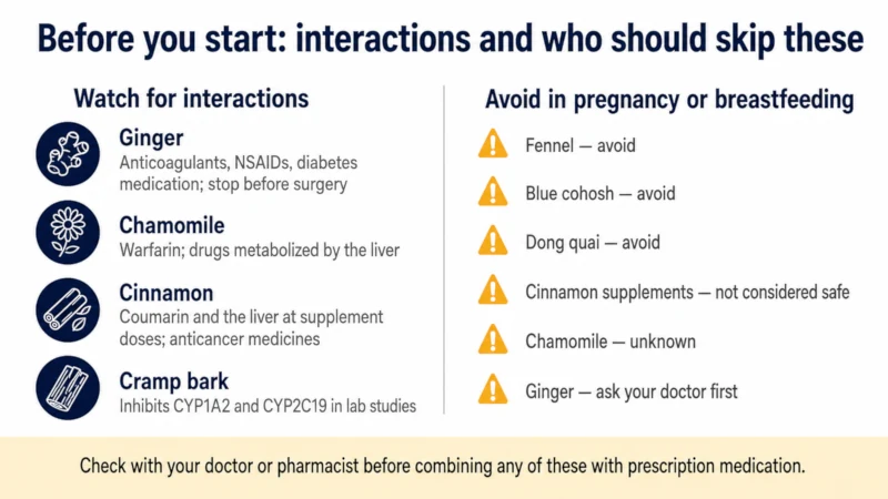 Safety card listing herb drug interactions and who should avoid ginger, cinnamon, chamomile and fennel