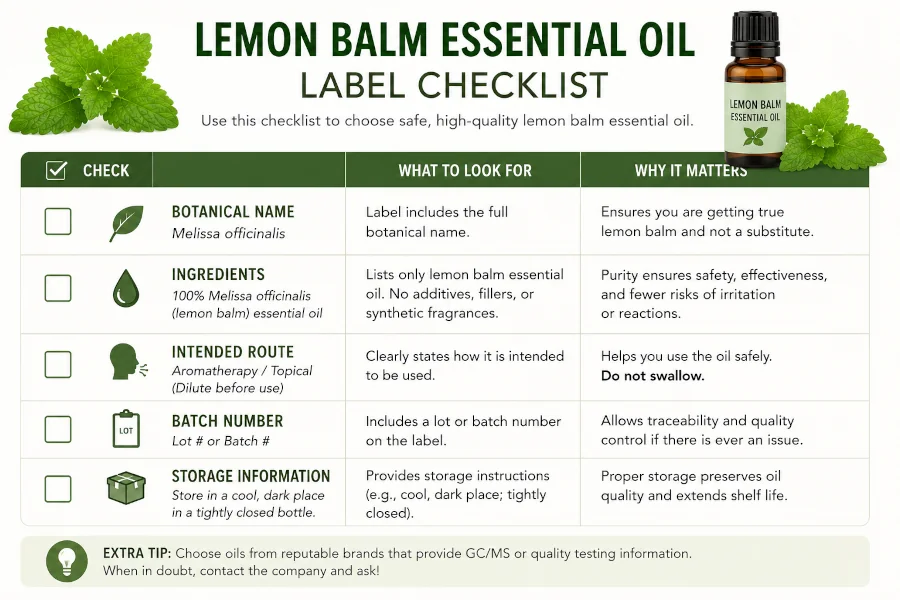 Lemon balm essential oil label checklist with botanical name, ingredients, intended route, batch number, and storage information.