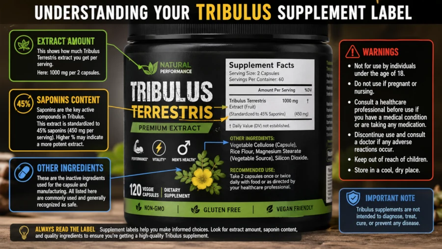 Annotated Tribulus supplement label showing extract amount, saponins, other ingredients, and warnings