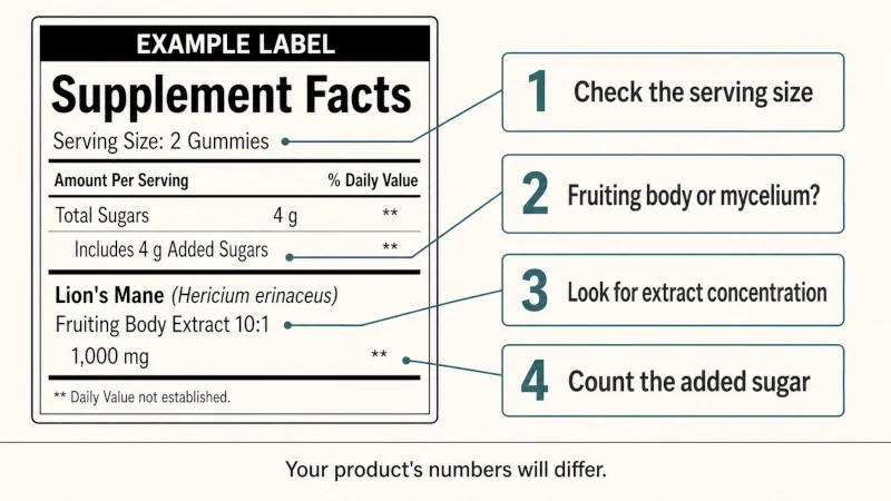 Example lion's mane Supplement Facts label with callouts for serving size, extract type, concentration and added sugar