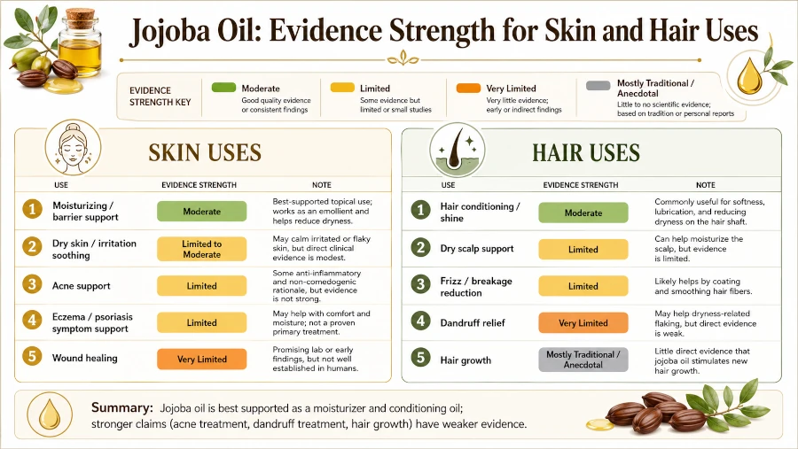 Chart comparing evidence strength for jojoba oil benefits and skin and hair uses.