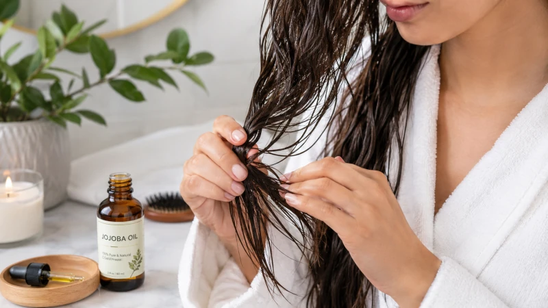 Applying jojoba oil to the ends of damp hair.