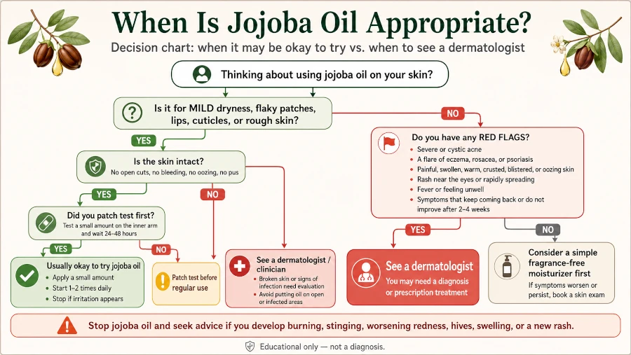 Decision chart for when jojoba oil is appropriate vs. when to see a dermatologist.
