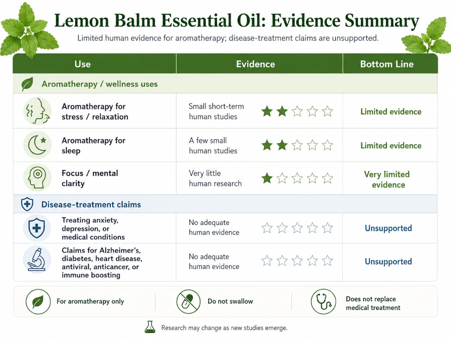 Evidence chart for lemon balm essential oil uses showing limited human evidence for aromatherapy and unsupported disease-treatment claims.