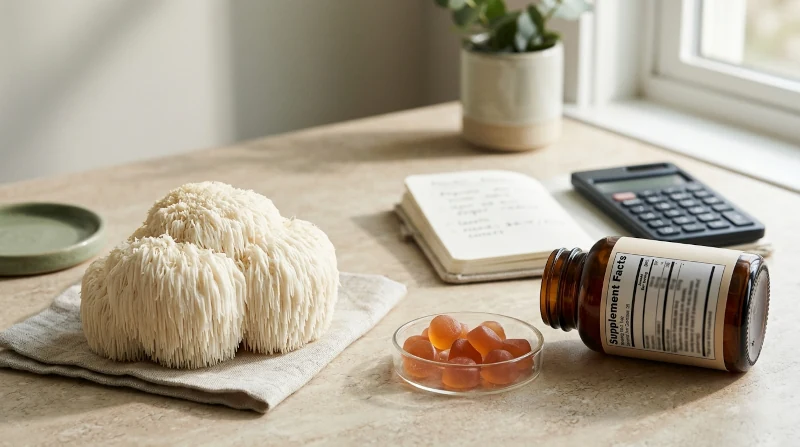 Lion's mane mushroom beside gummies and a supplement label, representing an evidence-based review of lion's mane gummies