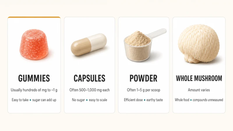 Lion's mane gummies, capsules, powder and whole mushroom compared by serving size and practical trade-offs