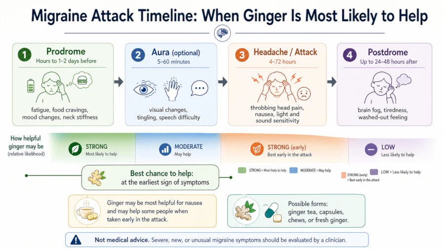 Timeline of migraine attack phases showing when ginger is most likely to help.
