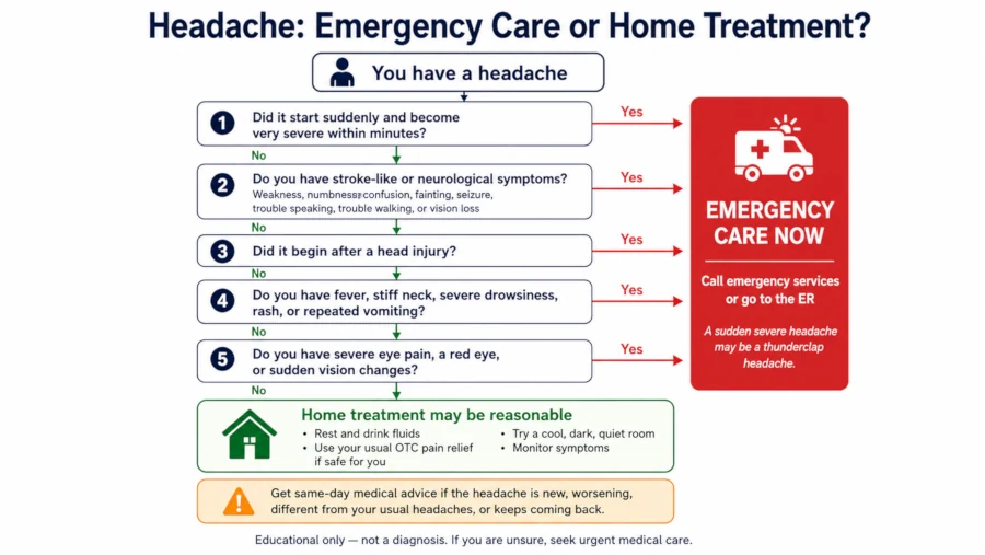 Decision tree for when ginger root for migraines don't work and one needs emergency care rather than home treatment.