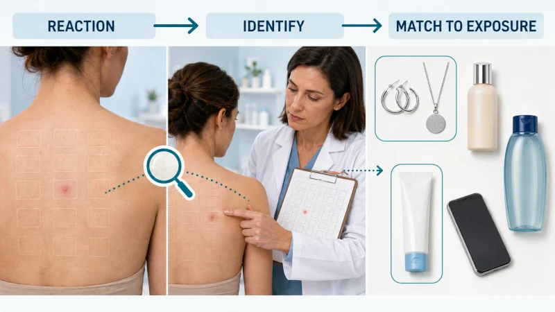 Illustration showing how a positive patch test reaction is matched with everyday allergen exposures