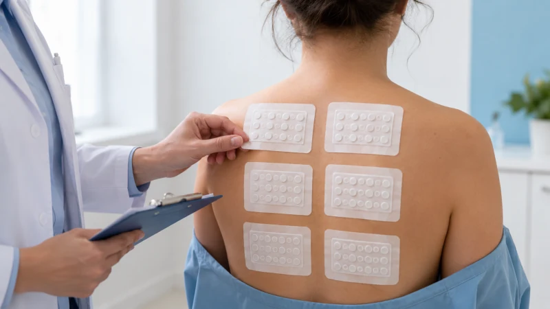 Dermatology patch testing panels applied to an adult patient's upper back to identify contact allergens