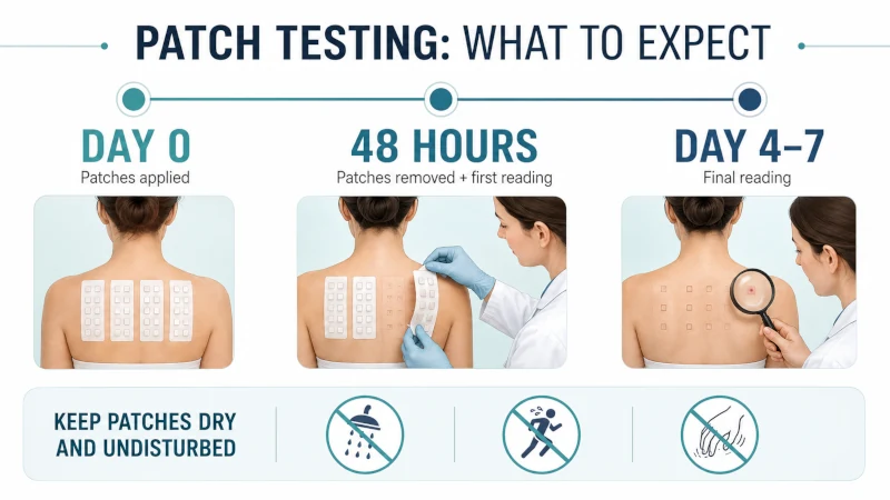 Patch testing timeline showing patches applied on day 0, removed at 48 hours, and checked again on days 4 to 7