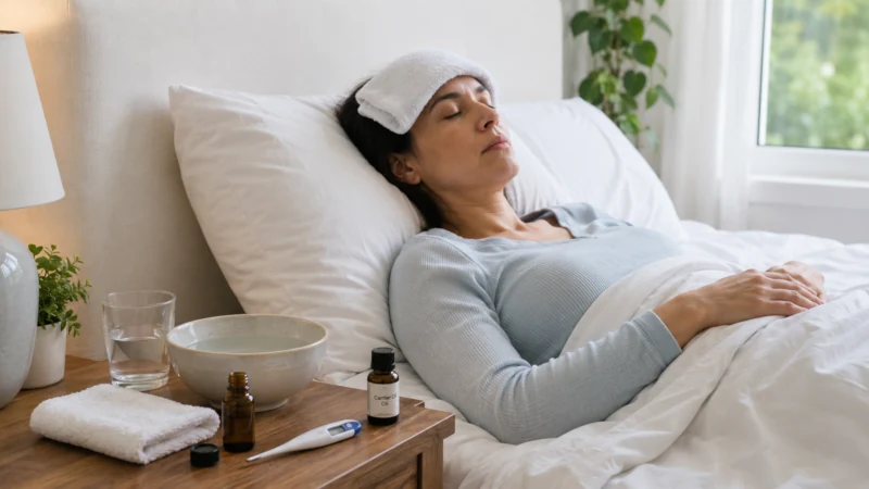 A cool washcloth compress being placed on an adult’s forehead for comfort during a fever, with diluted peppermint oil supplies nearby.