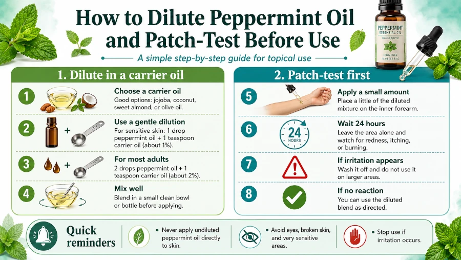 Steps for diluting peppermint oil in carrier oil and patch-testing before use.