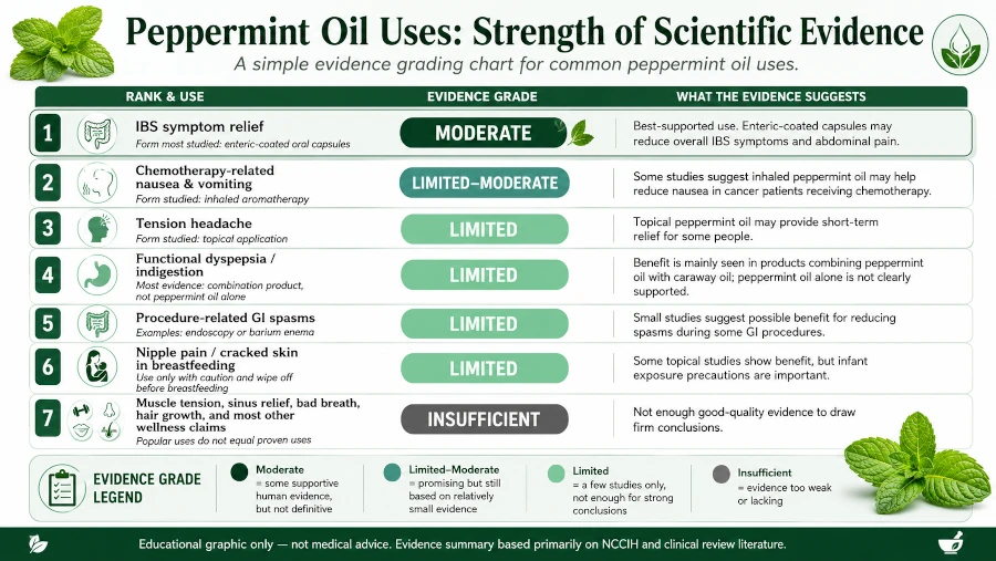 Chart grading peppermint oil uses by strength of scientific evidence.