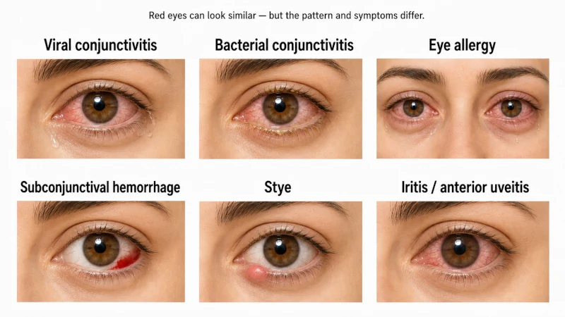 Illustrated comparison of viral conjunctivitis, bacterial conjunctivitis, eye allergy, subconjunctival hemorrhage, stye and iritis