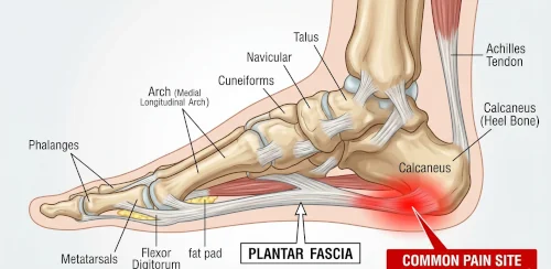 Diagram of a human foot showing the plantar fascia connecting the heel bone to the base of the toes, with the common pain site at the heel highlighted.