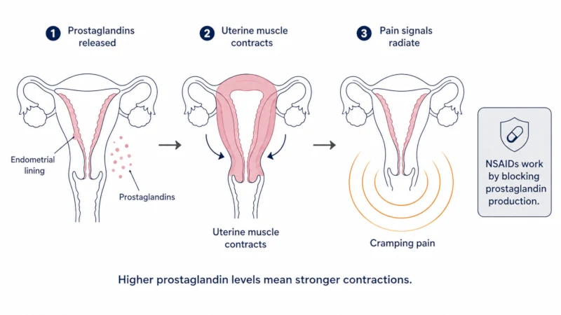 Diagram showing prostaglandin release causing uterine muscle contraction and menstrual pain