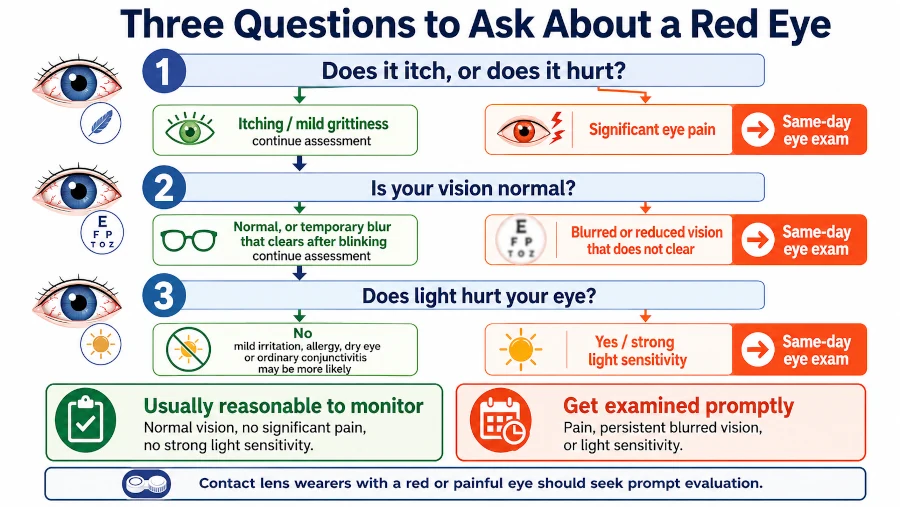 Red eye decision tree showing that pain, blurred vision or light sensitivity require prompt eye care while itching with normal vision may suggest a less urgent cause