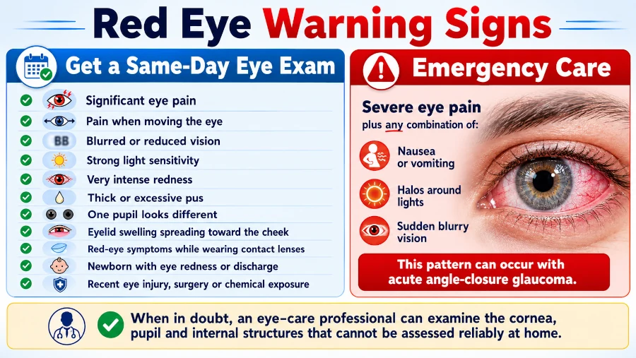 Red eye warning signs showing symptoms that need a same-day eye exam and symptoms requiring emergency medical care
