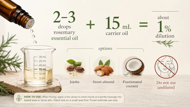 Rosemary essential oil dilution showing 2 to 3 drops mixed into 15 ml of carrier oil for about a 1 percent dilution