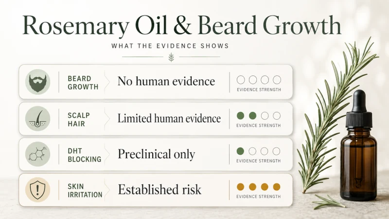Evidence for rosemary oil for beard growth showing no human beard trials, limited scalp evidence, and preclinical DHT research