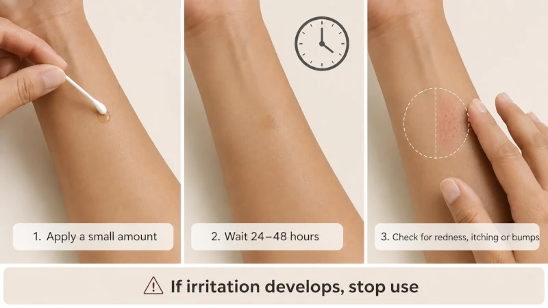 Three-step forearm patch test for diluted rosemary oil showing application, waiting 24 to 48 hours, and checking for irritation