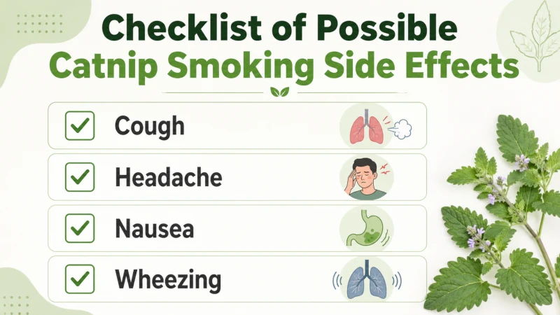 Checklist of possible catnip smoking side effects including cough, headache, nausea, and wheezing