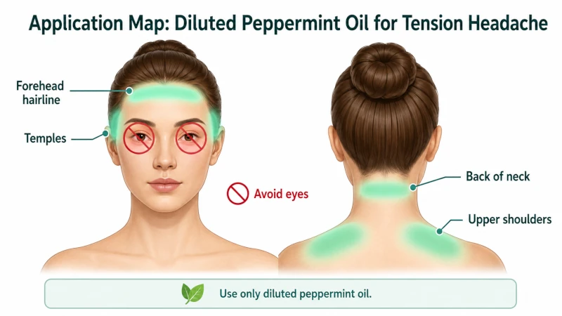 Application map showing where to apply diluted peppermint oil for tension headache, avoiding the eyes.