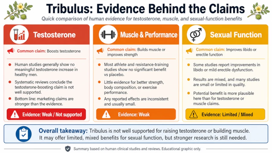Chart comparing evidence for Tribulus testosterone, muscle, and sexual-function claims