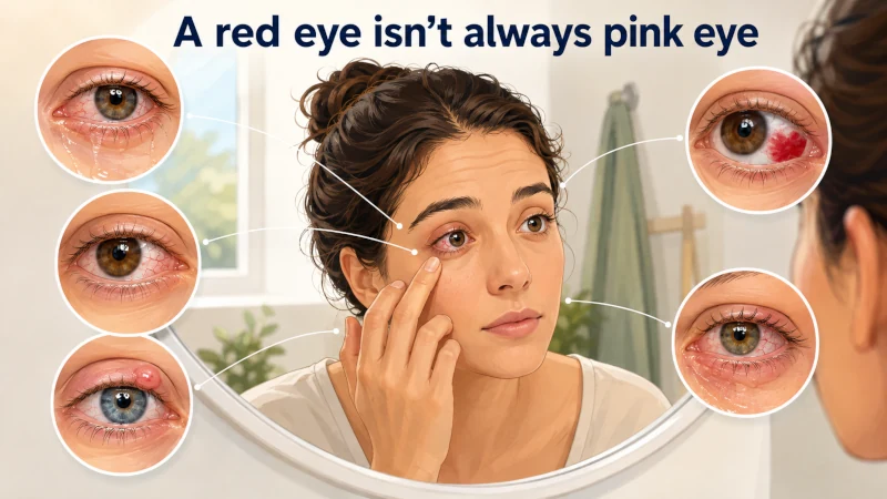 Illustration comparing pink eye with several common red-eye conditions including allergy, stye, dry eye and subconjunctival hemorrhage
