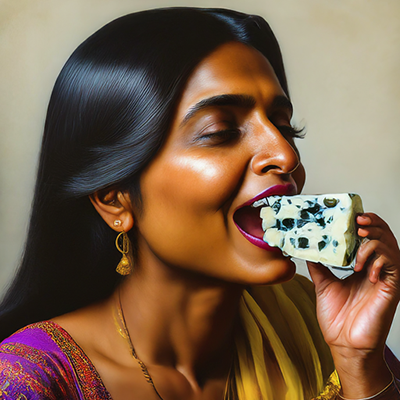 woman about to take a bite out of Roquefort Cheese