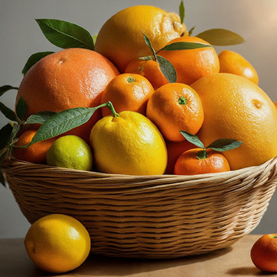 a basket filled with various citrus fruits