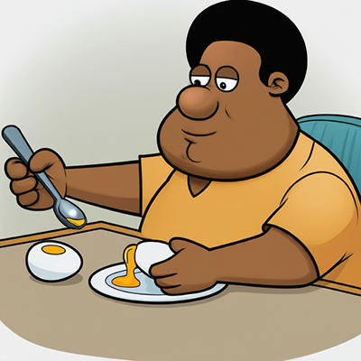 cartoon drawing of a man sitting at the table enjoying an egg yolk