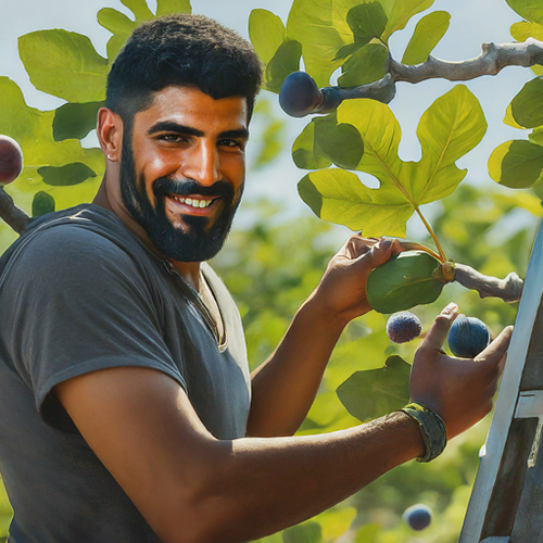man showcasing the figs on a tree